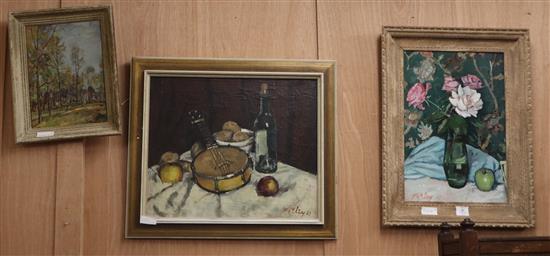 Three Llewellyn Petley-Jones, oil on canvas, two Still lifes and a woodland scene